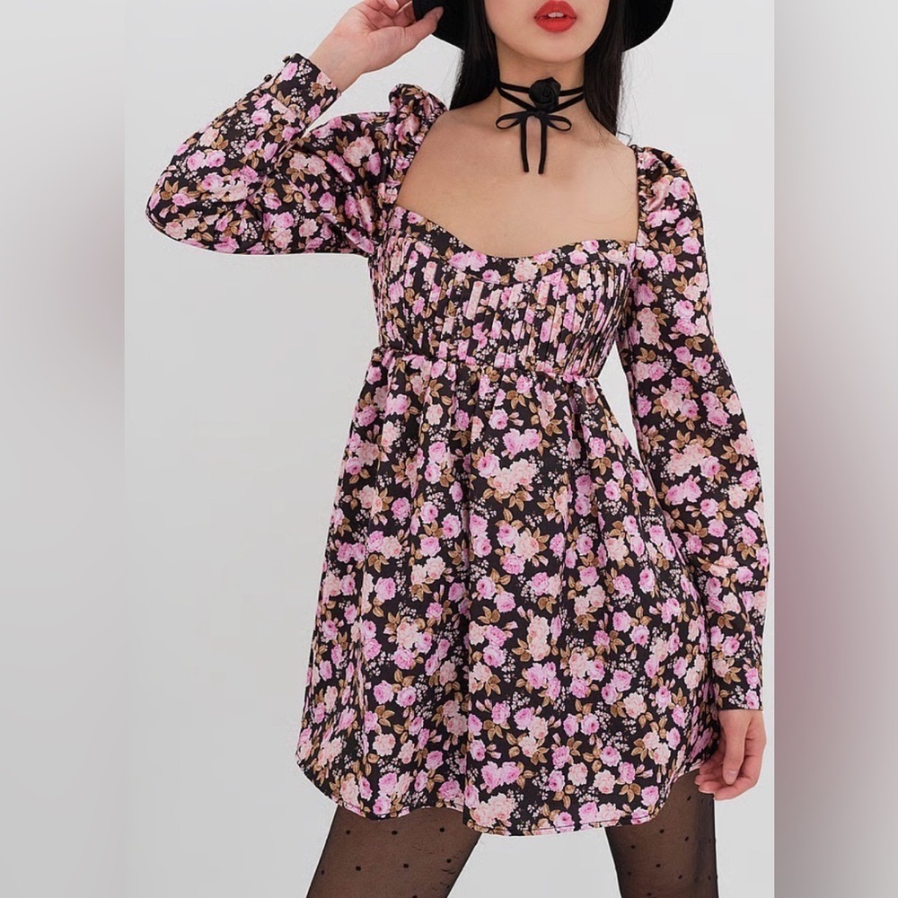 FOR LOVE & LEMONS Kate Long Sleeve Mini Dress Floral SM COQUETTE FESTIVAL NWT